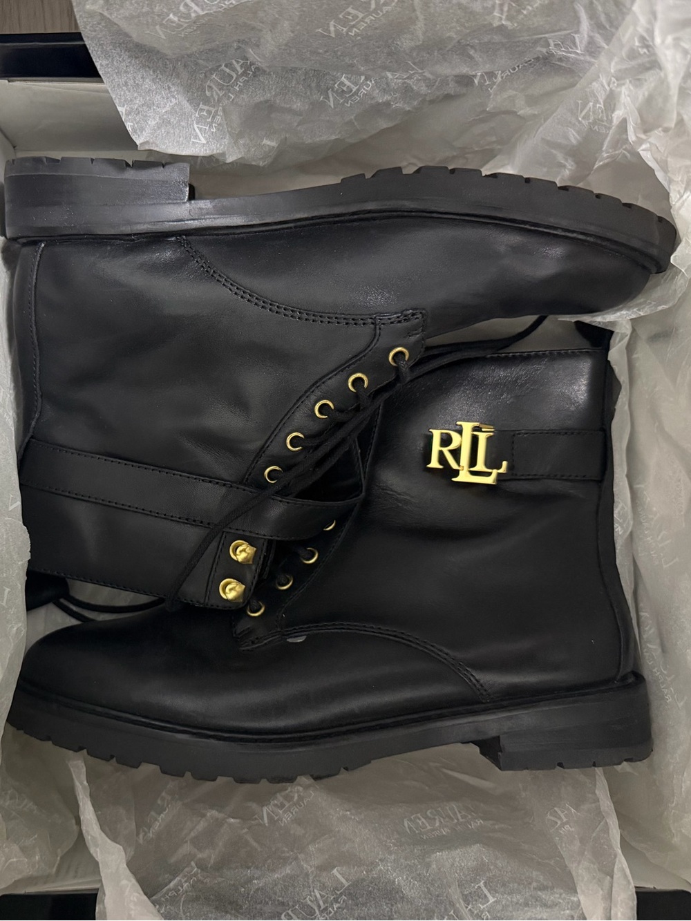 Ralph Lauren Black Leather RLL Lace-Up Combat Boots